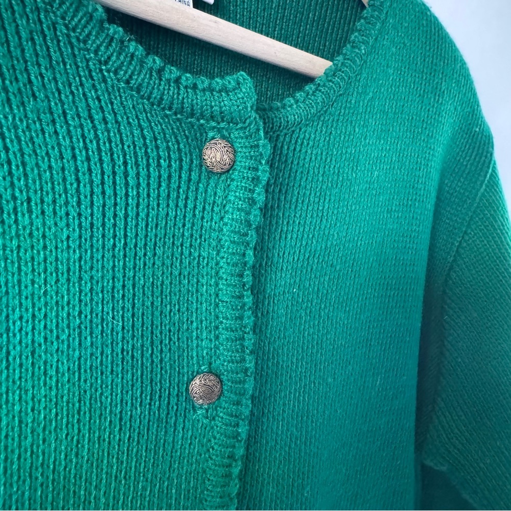 Vintage 90s Green Cardigan Sweater Shoulder Pads Button Front L - Picture 3 of 13